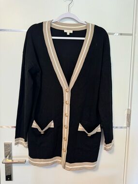 Aura Black Cardigan with Beige Contrast Trim and Gold Buttons